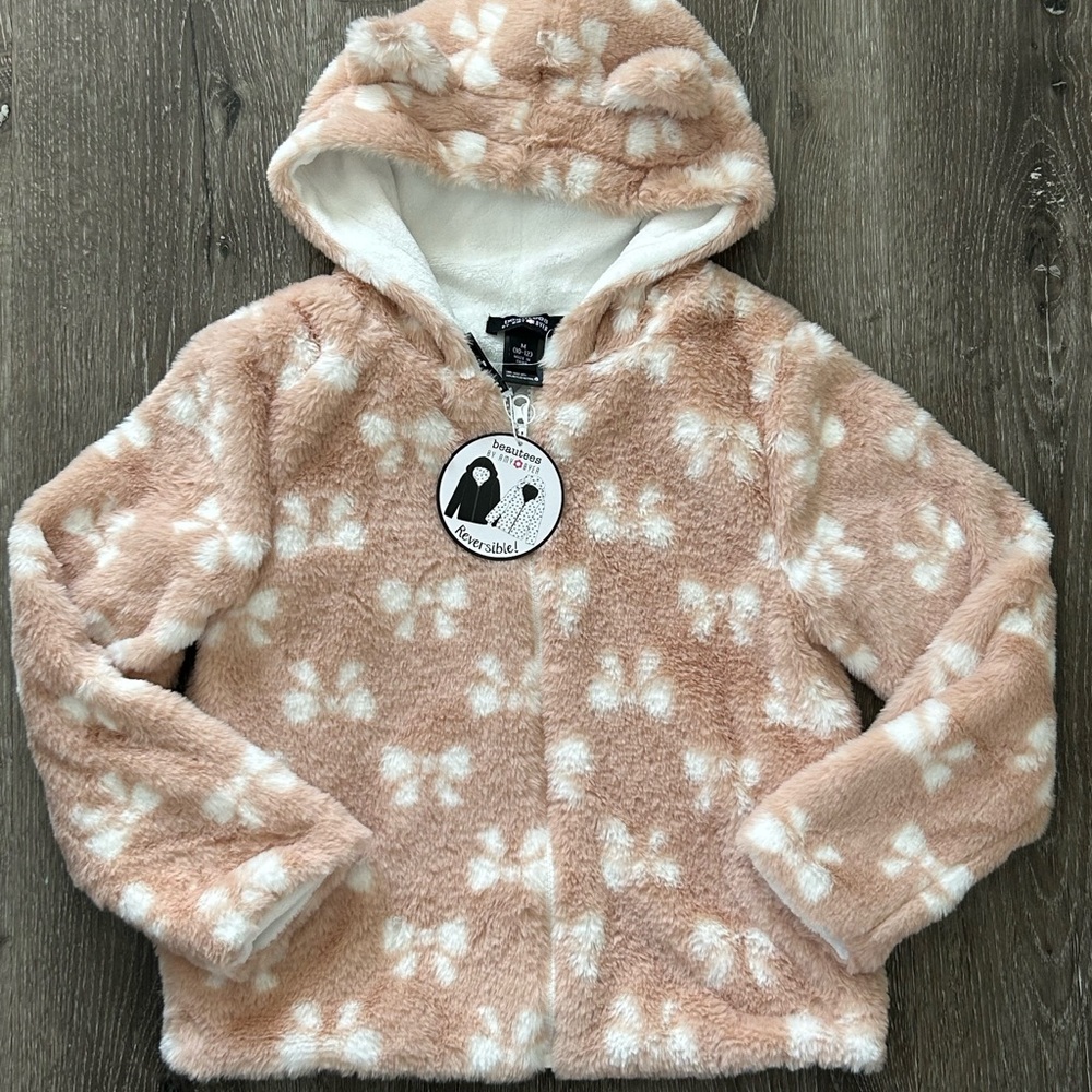 Cozy Kids' Fleece Hoodie - Tan with white bows size M 10-12